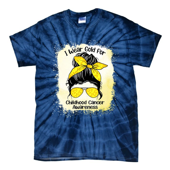 I Wear Gold For Childhood Cancer Awareness Shirts Messy Bun Tie-Dye T-Shirt