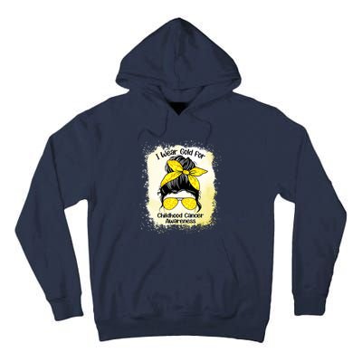 I Wear Gold For Childhood Cancer Awareness Shirts Messy Bun Tall Hoodie