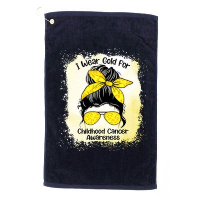 I Wear Gold For Childhood Cancer Awareness Shirts Messy Bun Platinum Collection Golf Towel