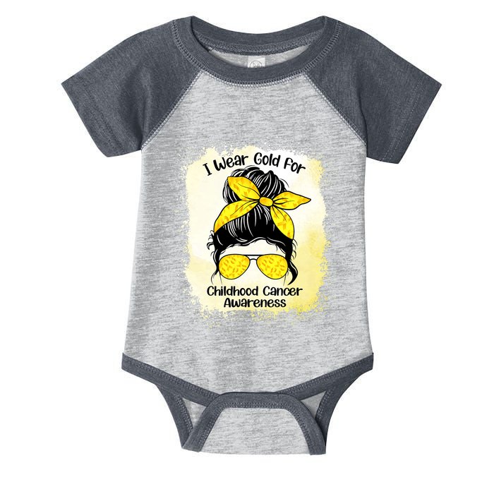 I Wear Gold For Childhood Cancer Awareness Shirts Messy Bun Infant Baby Jersey Bodysuit