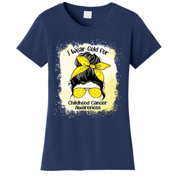 I Wear Gold For Childhood Cancer Awareness Shirts Messy Bun Women's T-Shirt