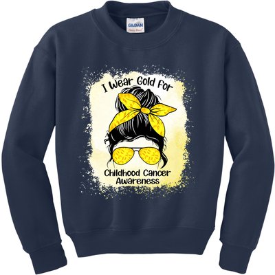 I Wear Gold For Childhood Cancer Awareness Shirts Messy Bun Kids Sweatshirt