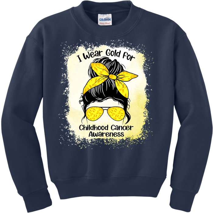 I Wear Gold For Childhood Cancer Awareness Shirts Messy Bun Kids Sweatshirt