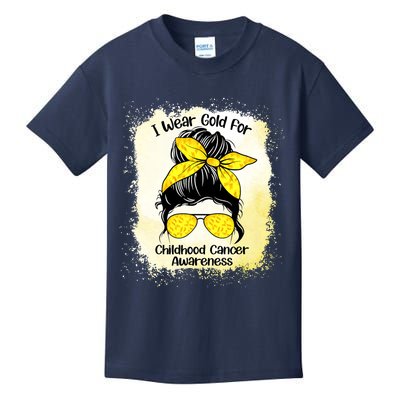 I Wear Gold For Childhood Cancer Awareness Shirts Messy Bun Kids T-Shirt