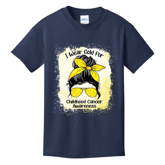 I Wear Gold For Childhood Cancer Awareness Shirts Messy Bun Kids T-Shirt