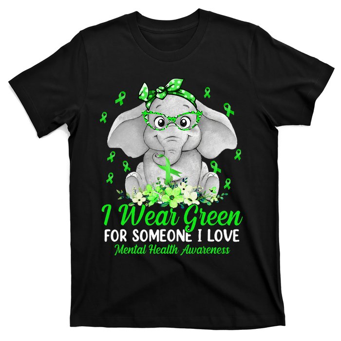 I Wear Green For Mental Health Awareness Ribbon Elephant T-Shirt