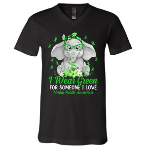 I Wear Green For Mental Health Awareness Ribbon Elephant V-Neck T-Shirt