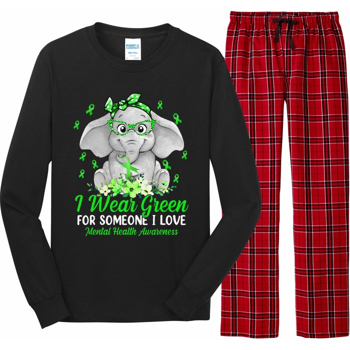 I Wear Green For Mental Health Awareness Ribbon Elephant Long Sleeve Pajama Set