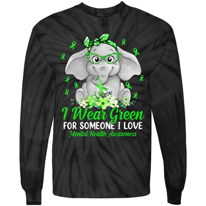 I Wear Green For Mental Health Awareness Ribbon Elephant Tie-Dye Long Sleeve Shirt