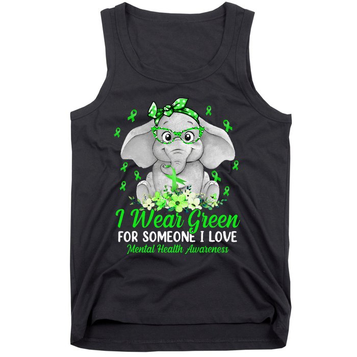 I Wear Green For Mental Health Awareness Ribbon Elephant Tank Top