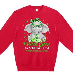 I Wear Green For Mental Health Awareness Ribbon Elephant Premium Crewneck Sweatshirt