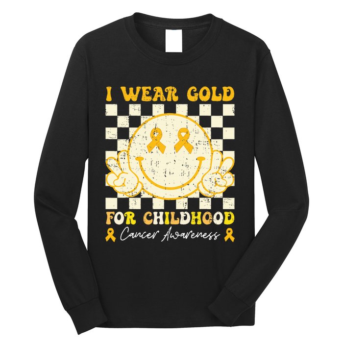 I Wear Gold For Childhood Cancer Awareness Smile Face Groovy Long Sleeve Shirt