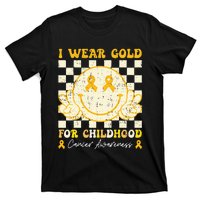 I Wear Gold For Childhood Cancer Awareness Smile Face Groovy T-Shirt