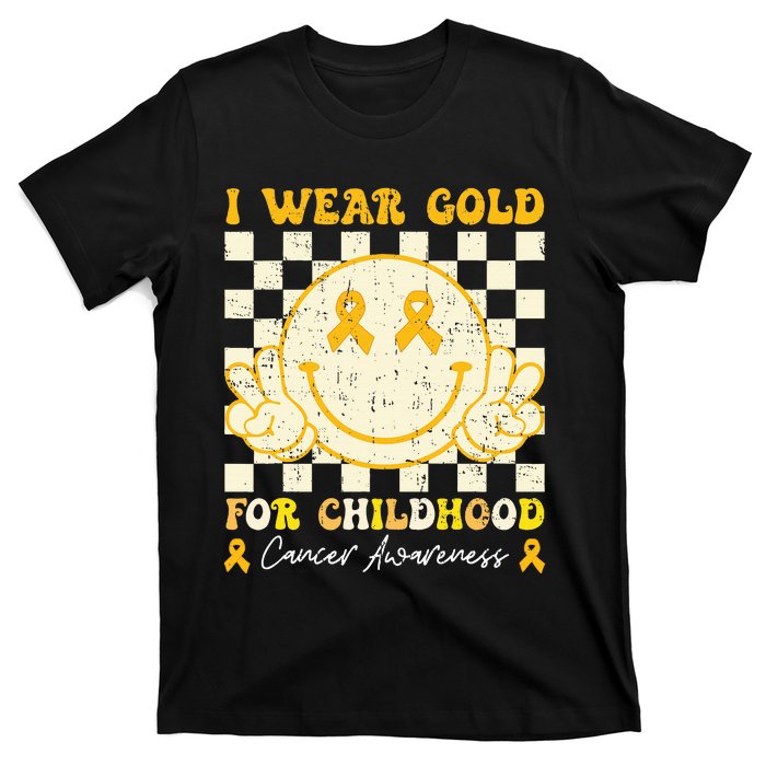 I Wear Gold For Childhood Cancer Awareness Smile Face Groovy T-Shirt