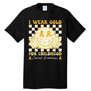 I Wear Gold For Childhood Cancer Awareness Smile Face Groovy Tall T-Shirt