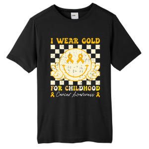 I Wear Gold For Childhood Cancer Awareness Smile Face Groovy Tall Fusion ChromaSoft Performance T-Shirt