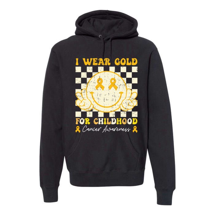 I Wear Gold For Childhood Cancer Awareness Smile Face Groovy Premium Hoodie