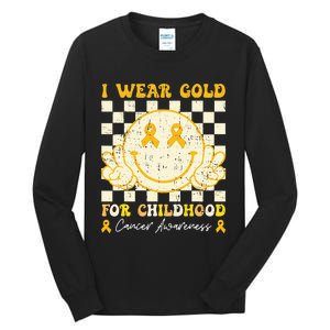 I Wear Gold For Childhood Cancer Awareness Smile Face Groovy Tall Long Sleeve T-Shirt