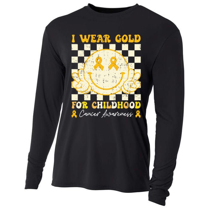 I Wear Gold For Childhood Cancer Awareness Smile Face Groovy Cooling Performance Long Sleeve Crew