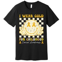 I Wear Gold For Childhood Cancer Awareness Smile Face Groovy Premium T-Shirt