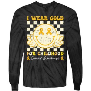 I Wear Gold For Childhood Cancer Awareness Smile Face Groovy Tie-Dye Long Sleeve Shirt