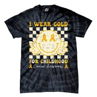 I Wear Gold For Childhood Cancer Awareness Smile Face Groovy Tie-Dye T-Shirt