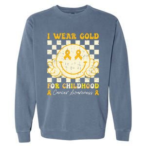 I Wear Gold For Childhood Cancer Awareness Smile Face Groovy Garment-Dyed Sweatshirt