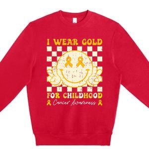 I Wear Gold For Childhood Cancer Awareness Smile Face Groovy Premium Crewneck Sweatshirt