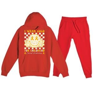 I Wear Gold For Childhood Cancer Awareness Smile Face Groovy Premium Hooded Sweatsuit Set