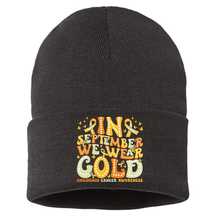 I Wear Gold For My Son Childhood Cancer Awareness Sustainable Knit Beanie