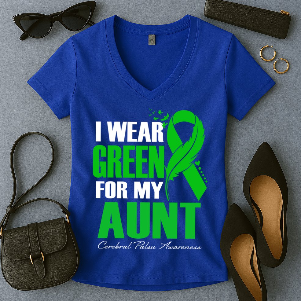 I Wear Green For My Aunt Cerebral Palsy Awareness Feather Cool Gift Women's V-Neck T-Shirt