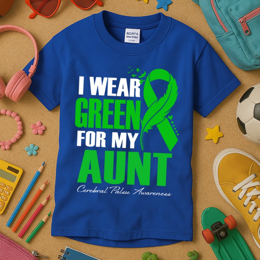 I Wear Green For My Aunt Cerebral Palsy Awareness Feather Cool Gift Kids T-Shirt