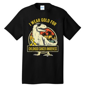 I Wear Gold For Childhood Cancer Awareness Dinosaur Tall T-Shirt