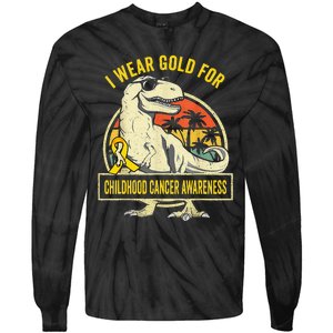 I Wear Gold For Childhood Cancer Awareness Dinosaur Tie-Dye Long Sleeve Shirt