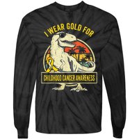 I Wear Gold For Childhood Cancer Awareness Dinosaur Tie-Dye Long Sleeve Shirt