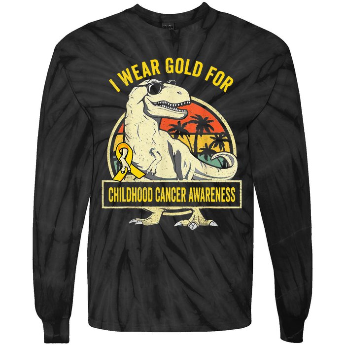 I Wear Gold For Childhood Cancer Awareness Dinosaur Tie-Dye Long Sleeve Shirt