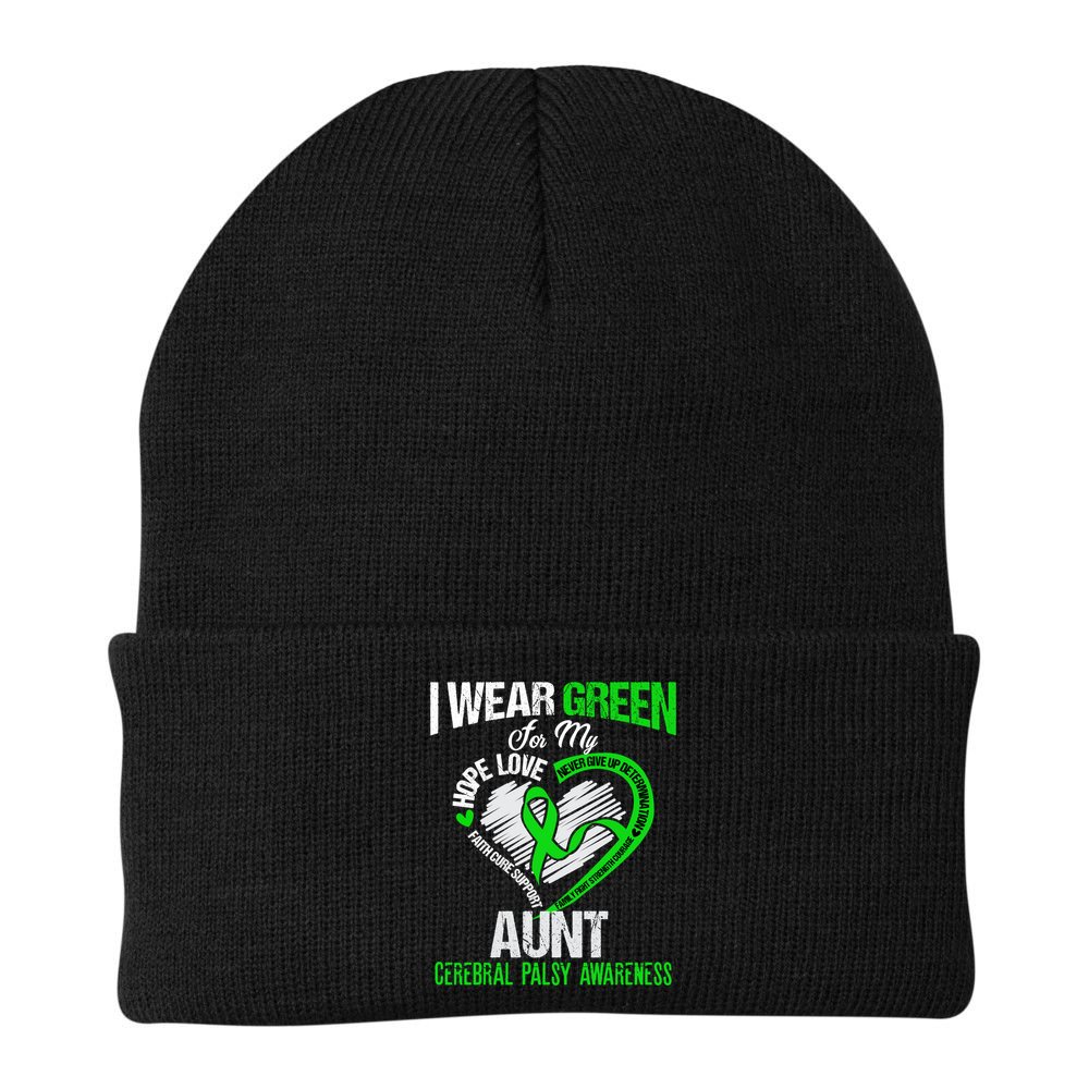 I Wear Green For My Aunt Cerebral Palsy Green Ribbon Gift Beanie