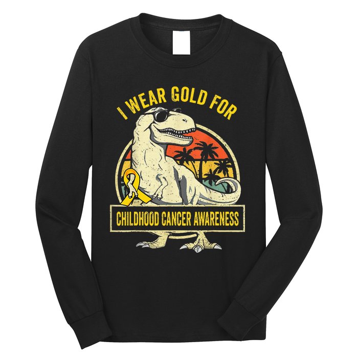 I Wear Gold For Childhood Cancer Awareness Dinosaur Long Sleeve Shirt