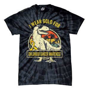 I Wear Gold For Childhood Cancer Awareness Dinosaur Tie-Dye T-Shirt