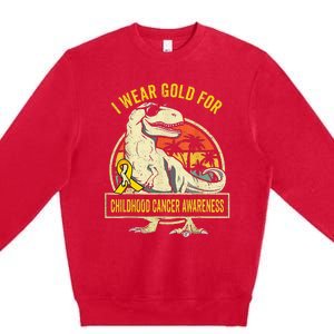 I Wear Gold For Childhood Cancer Awareness Dinosaur Premium Crewneck Sweatshirt