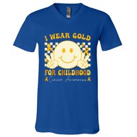 I Wear Gold For Childhood Cancer Awareness Groovy V-Neck T-Shirt