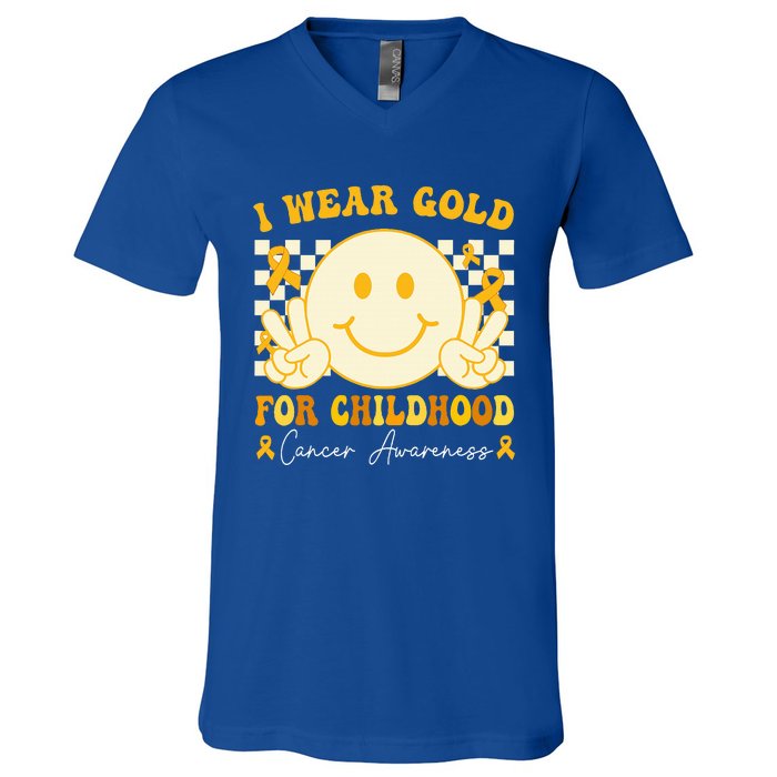 I Wear Gold For Childhood Cancer Awareness Groovy V-Neck T-Shirt