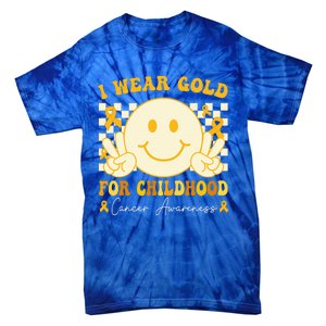 I Wear Gold For Childhood Cancer Awareness Groovy Tie-Dye T-Shirt