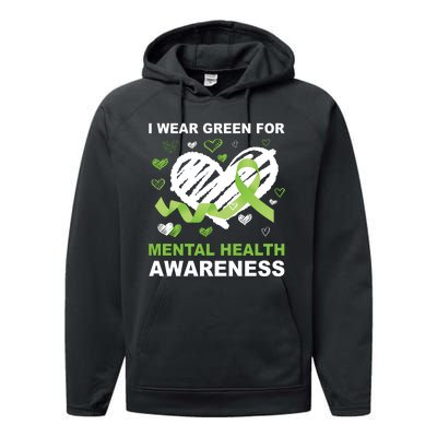 I Wear Green For Mental Health Awareness Ribbon Heart Performance Fleece Hoodie