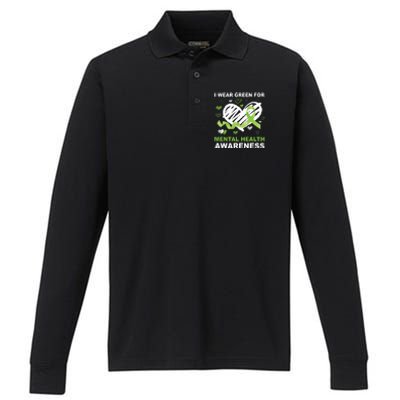 I Wear Green For Mental Health Awareness Ribbon Heart Performance Long Sleeve Polo