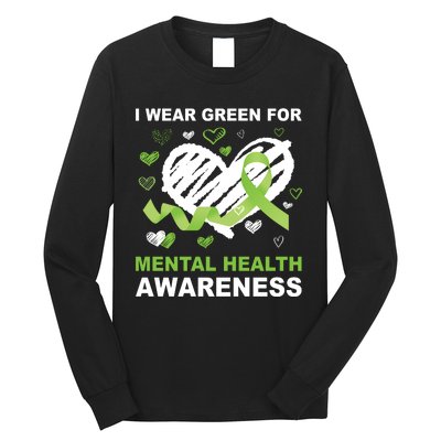 I Wear Green For Mental Health Awareness Ribbon Heart Long Sleeve Shirt