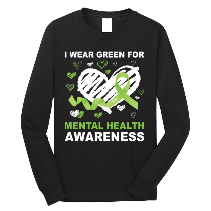 I Wear Green For Mental Health Awareness Ribbon Heart Long Sleeve Shirt