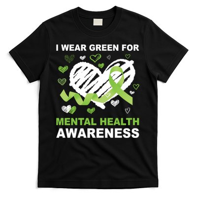 I Wear Green For Mental Health Awareness Ribbon Heart T-Shirt