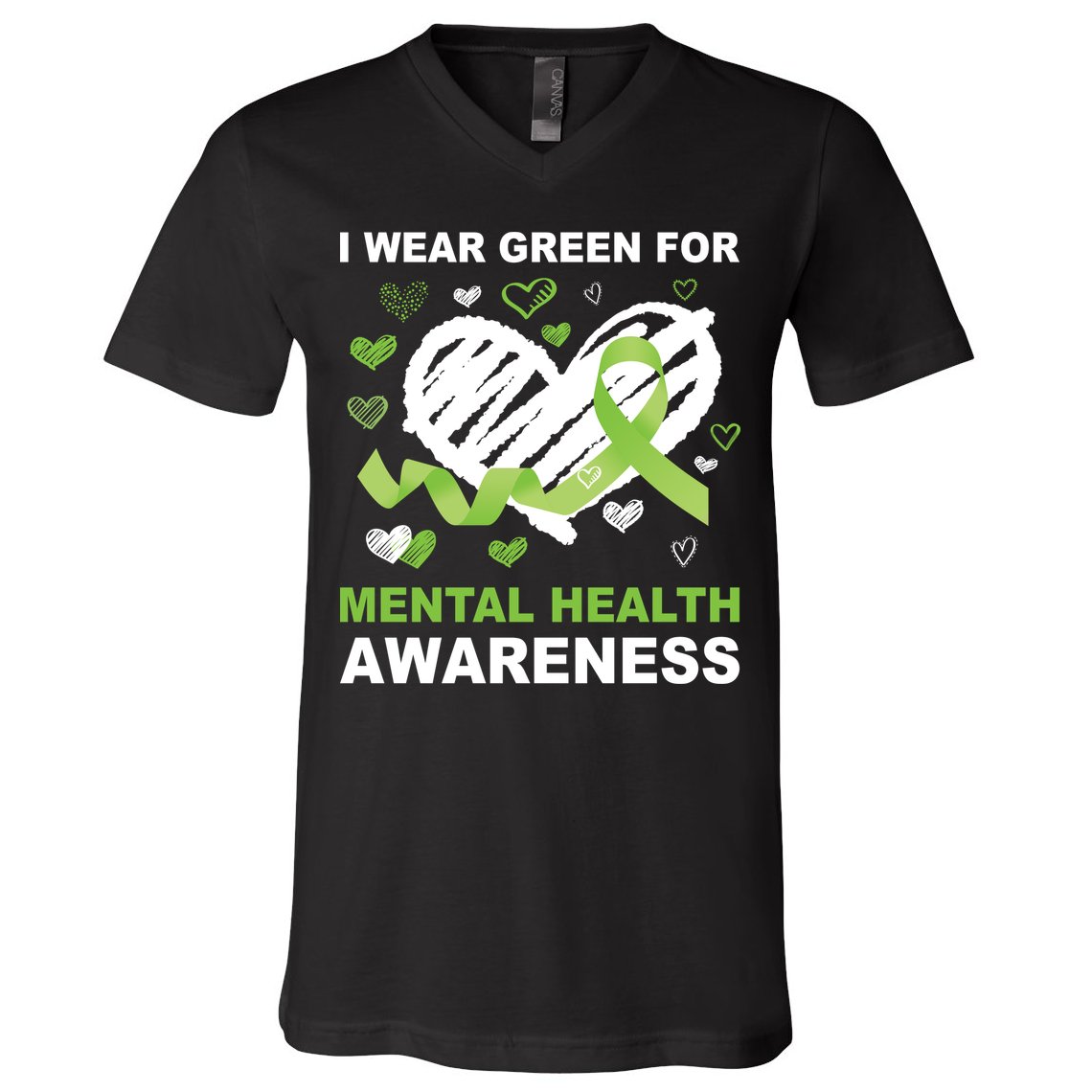 I Wear Green For Mental Health Awareness Ribbon Heart V-Neck T-Shirt