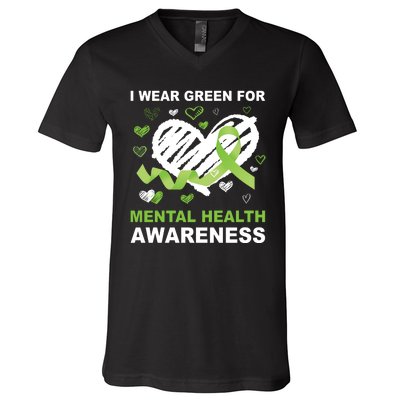 I Wear Green For Mental Health Awareness Ribbon Heart V-Neck T-Shirt